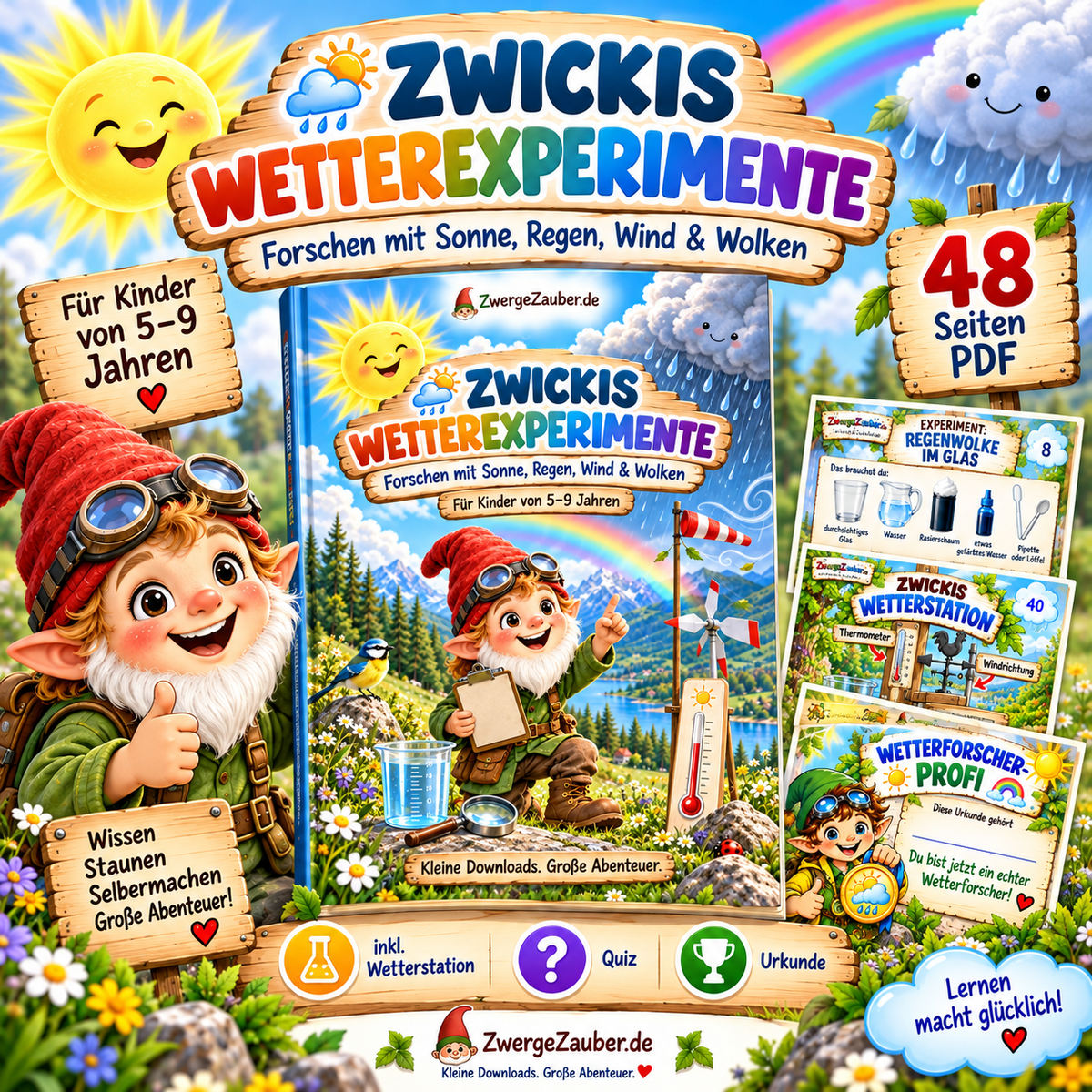Zwickis Wetterexperimente für Kinder von 5 bis 9 Jahren – 48 Seiten PDF mit Experimenten zu Sonne, Regen, Wind und Wolken