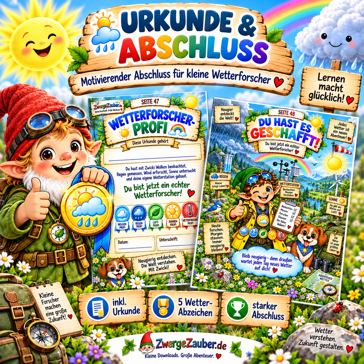 Wetterforscher Urkunde und Abschlussseite aus Zwickis Wetterexperimente mit fünf Abzeichen für Kinder von 5 bis 9 Jahren