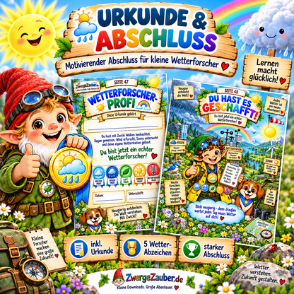 Wetterforscher Urkunde und Abschlussseite aus Zwickis Wetterexperimente mit fünf Abzeichen für Kinder von 5 bis 9 Jahren