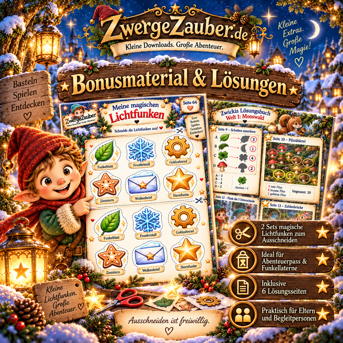 Bonusmaterial des Wichtel-Abenteuer XXL mit 12 ausschneidbaren Lichtfunken, sechs illustrierten Lösungsseiten und Sammelsymbolen für den Abenteuerpass.