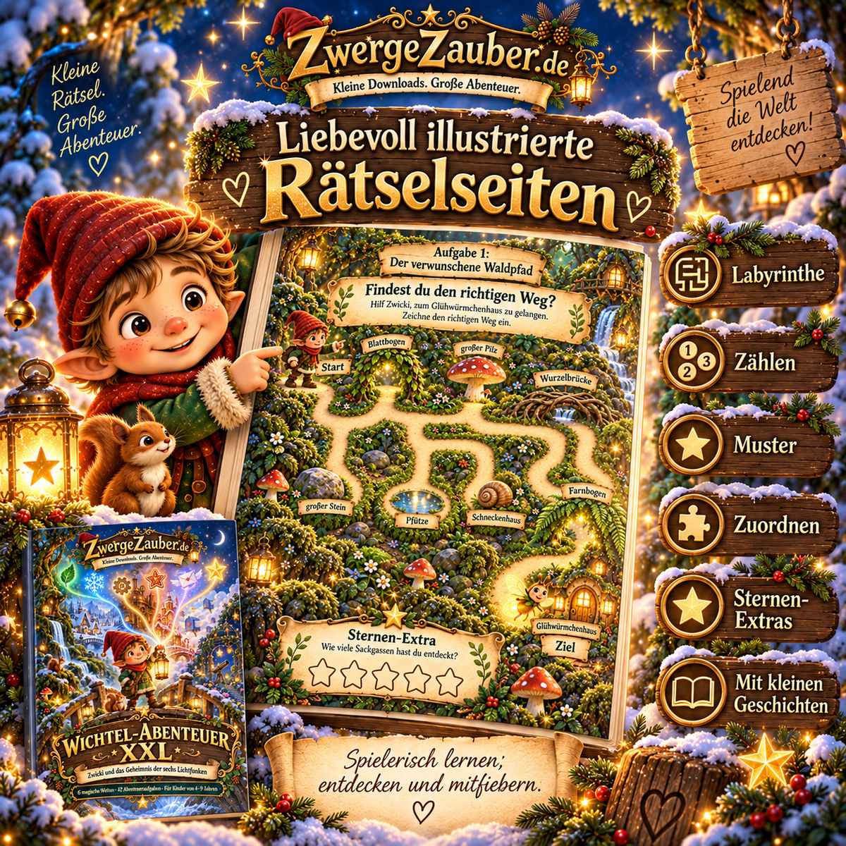 Illustrierte Labyrinth-Aufgabe aus Wichtel-Abenteuer XXL mit Zwicki im magischen Mooswald sowie Rätsel zum Zählen, Zuordnen und Mustererkennen.