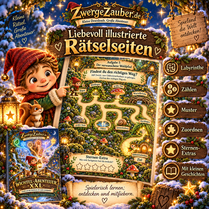 Illustrierte Labyrinth-Aufgabe aus Wichtel-Abenteuer XXL mit Zwicki im magischen Mooswald sowie Rätsel zum Zählen, Zuordnen und Mustererkennen.