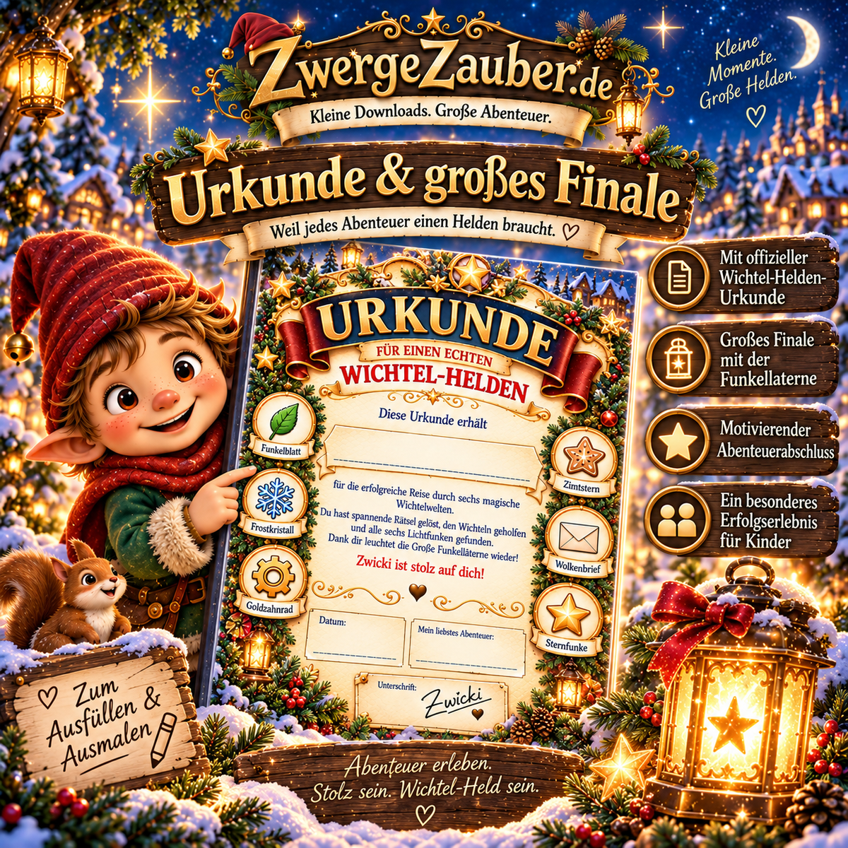Wichtel-Abenteuer XXL mit personalisierbarer Wichtel-Helden-Urkunde und großem Finale an der magischen Funkellaterne mit Zwicki.