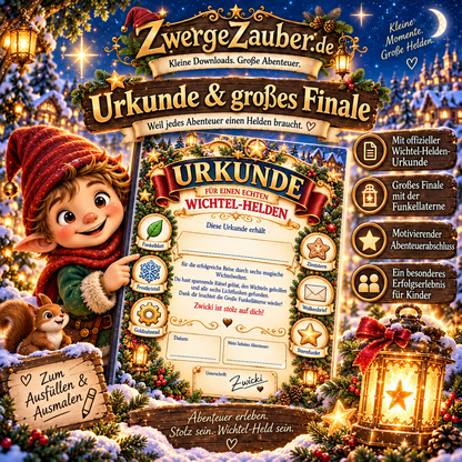 Wichtel-Abenteuer XXL mit personalisierbarer Wichtel-Helden-Urkunde und großem Finale an der magischen Funkellaterne mit Zwicki.