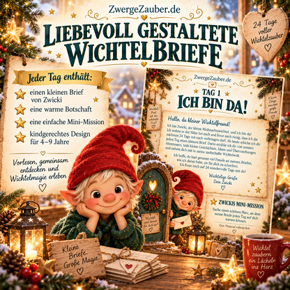 Beispiel aus Zwickis Wichtel-Briefen: Tag 1 „Ich bin da!“ mit liebevoller Geschichte, weihnachtlicher Illustration und einfacher Mini-Mission.