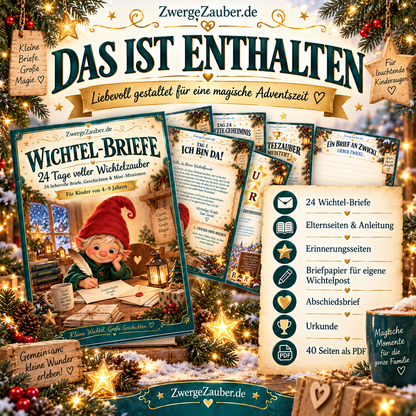 Inhalt der 40-seitigen Wichtel-Briefe als PDF: 24 Tagesbriefe von Zwicki, Elternanleitung, Erinnerungsseiten, Briefpapier, Abschiedsbrief und Urkunde.