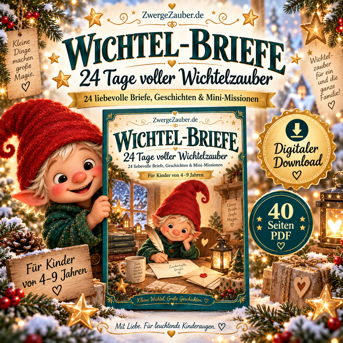 Wichtel-Briefe für 24 Tage von ZwergeZauber mit Wichtel Zwicki – 40-seitiges Advents-PDF mit Geschichten und Mini-Missionen für Kinder von 4–9 Jahren.