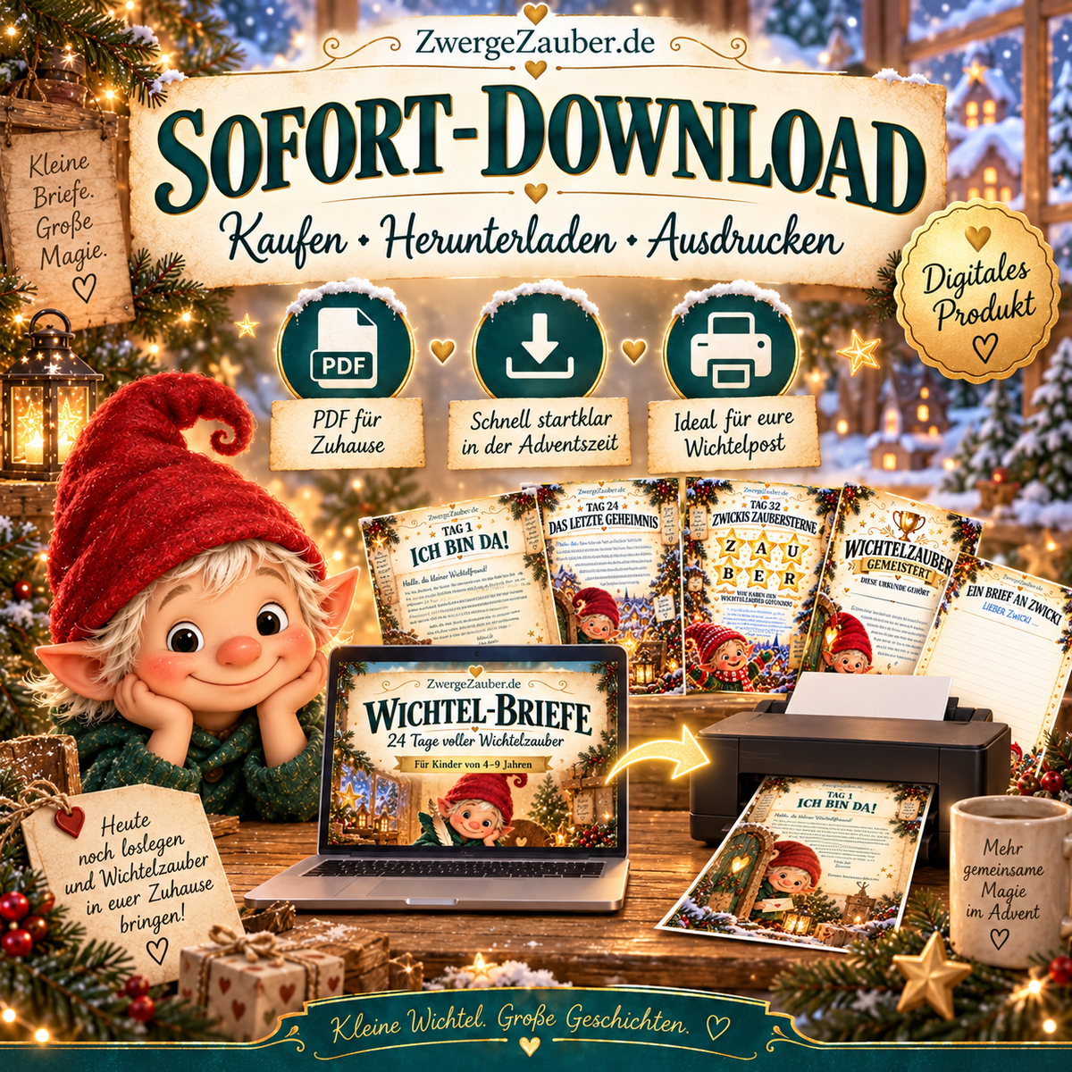 Wichtel-Briefe als digitaler Sofort-Download – 40 Seiten PDF im DIN-A4-Format herunterladen, zu Hause ausdrucken und für 24 Adventstage verwenden.