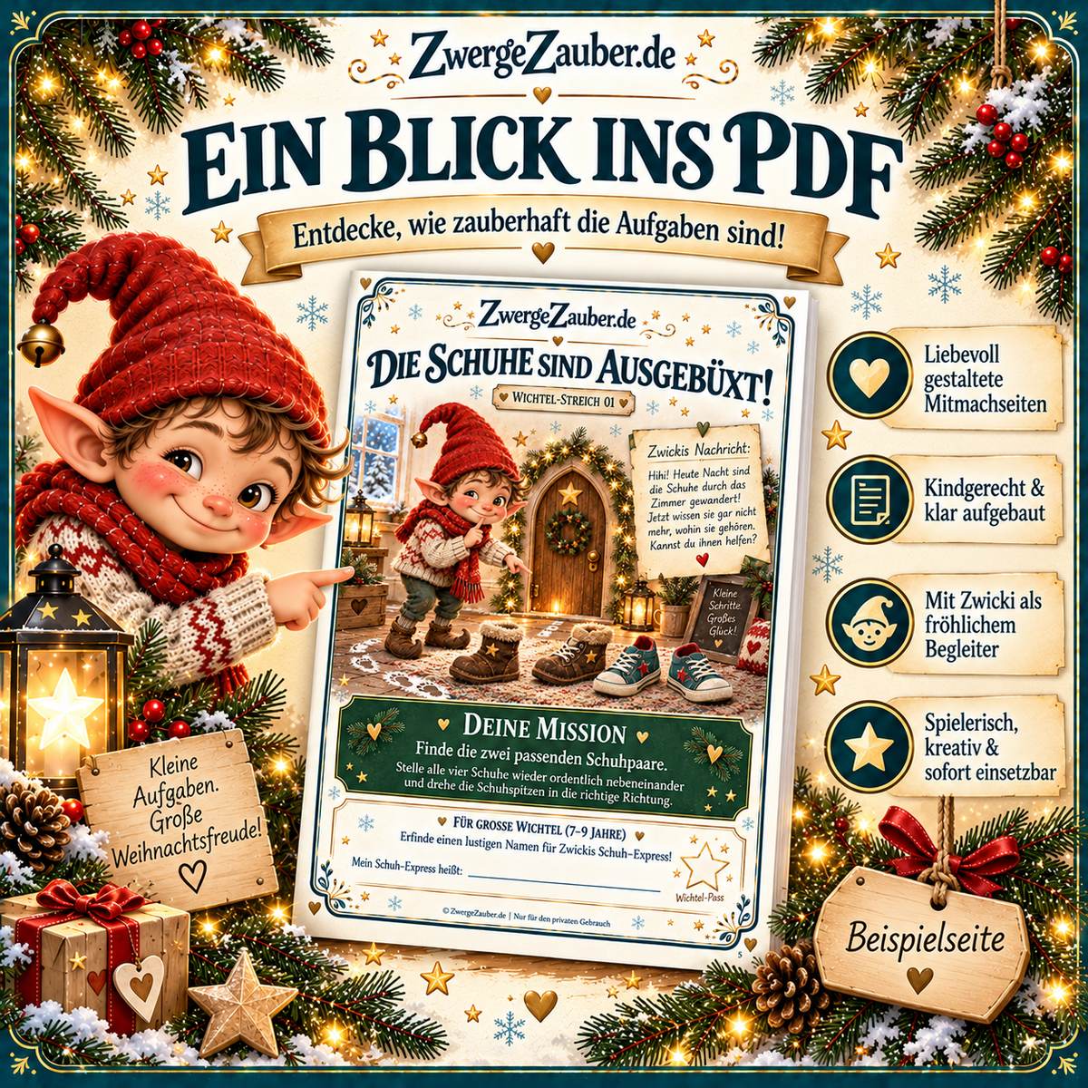 Beispielseite Die Schuhe sind ausgebüxt aus dem Wichtel-Streiche-PDF mit Zwicki und einer lustigen Schuhsortieraufgabe für Kinder.
