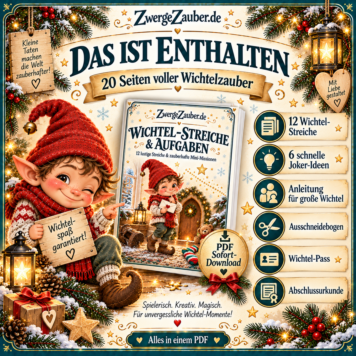 Inhalt des Wichtel-Streiche-PDFs mit 12 Streichen, 6 Joker-Ideen, Elternanleitungen, Ausschneidebogen, Wichtel-Pass und Abschlussurkunde.