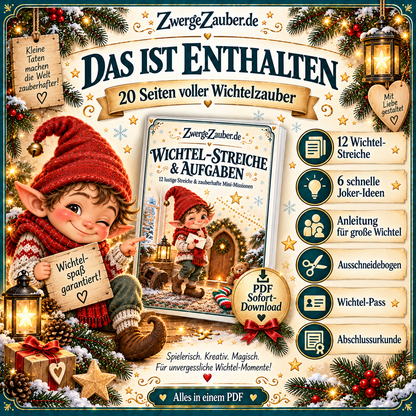 Inhalt des Wichtel-Streiche-PDFs mit 12 Streichen, 6 Joker-Ideen, Elternanleitungen, Ausschneidebogen, Wichtel-Pass und Abschlussurkunde.