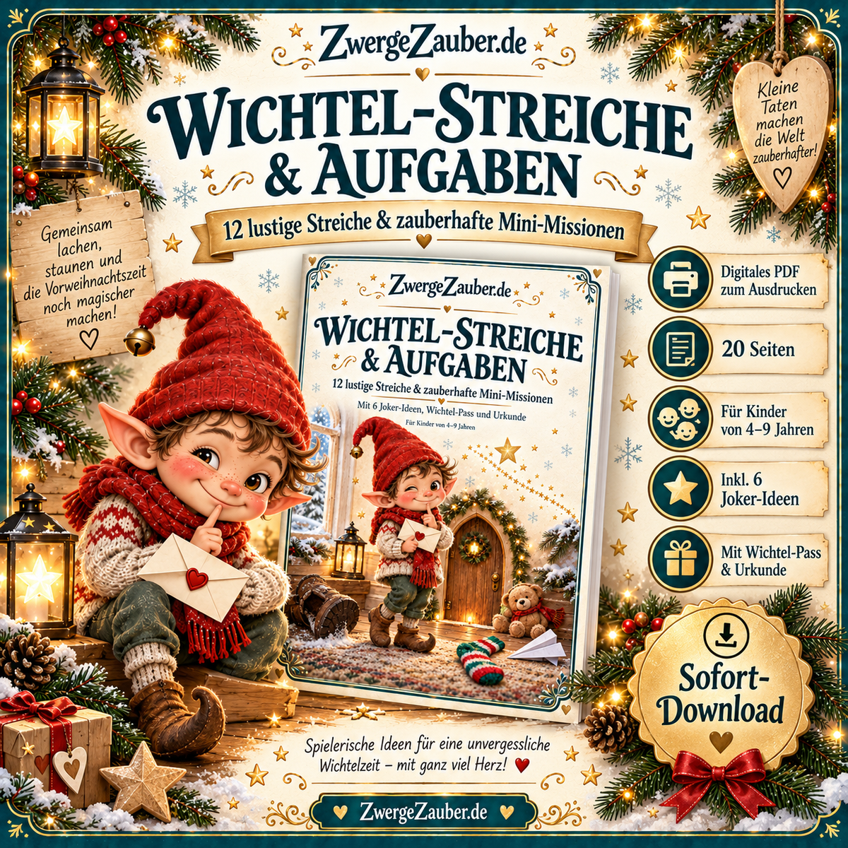 ZwergeZauber Wichtel-Streiche und Aufgaben mit Zwicki – 20-seitiges PDF mit 12 lustigen Wichtelmissionen für Kinder von 4 bis 9 Jahren.