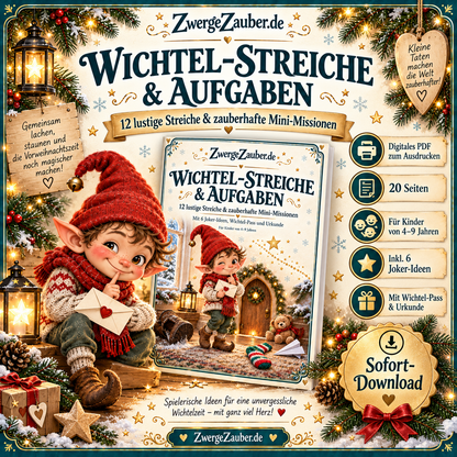 ZwergeZauber Wichtel-Streiche und Aufgaben mit Zwicki – 20-seitiges PDF mit 12 lustigen Wichtelmissionen für Kinder von 4 bis 9 Jahren.