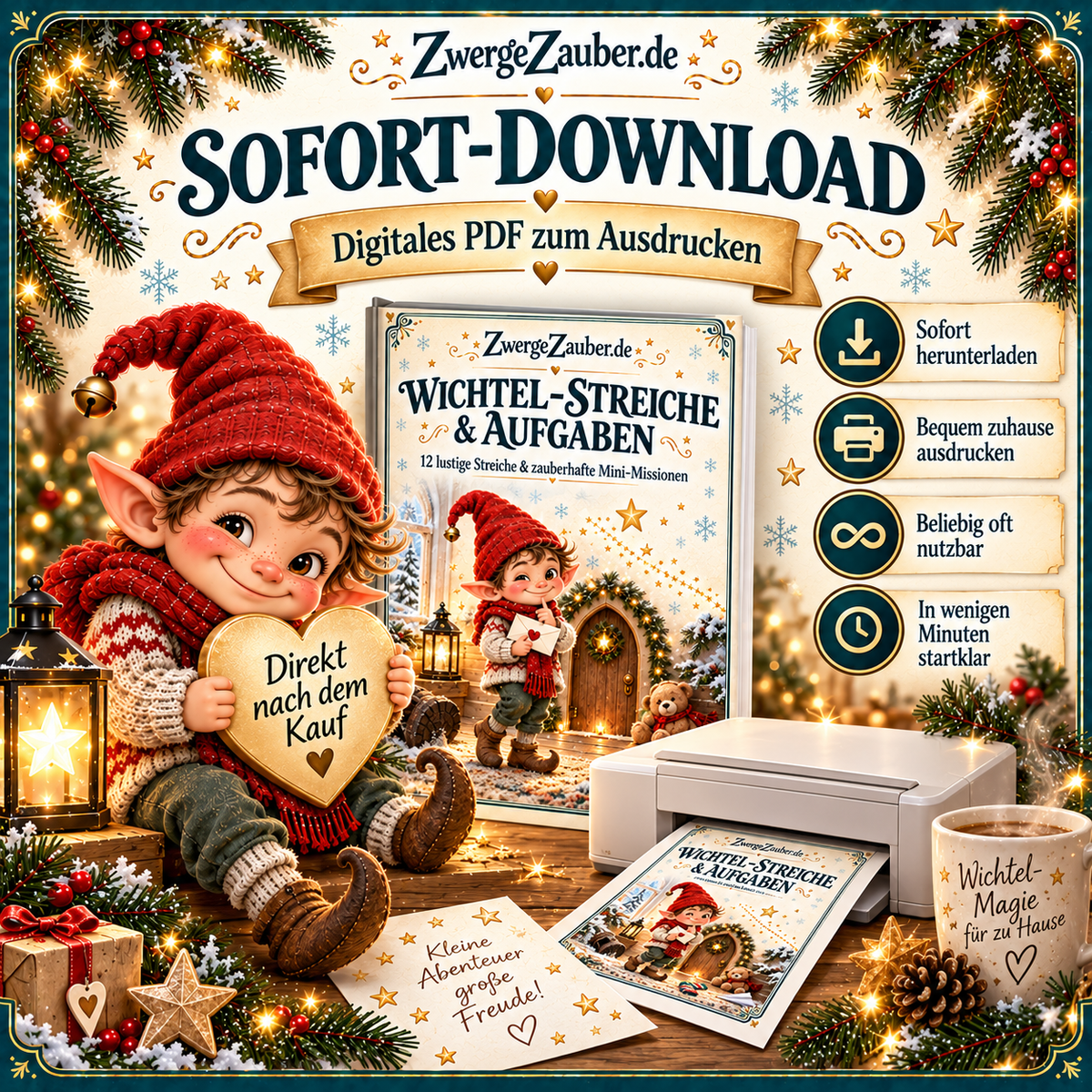 Wichtel-Streiche und Aufgaben als digitales PDF zum sofortigen Herunterladen und Ausdrucken zu Hause, mit Zwicki und Drucker.