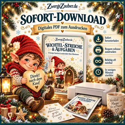 Wichtel-Streiche und Aufgaben als digitales PDF zum sofortigen Herunterladen und Ausdrucken zu Hause, mit Zwicki und Drucker.