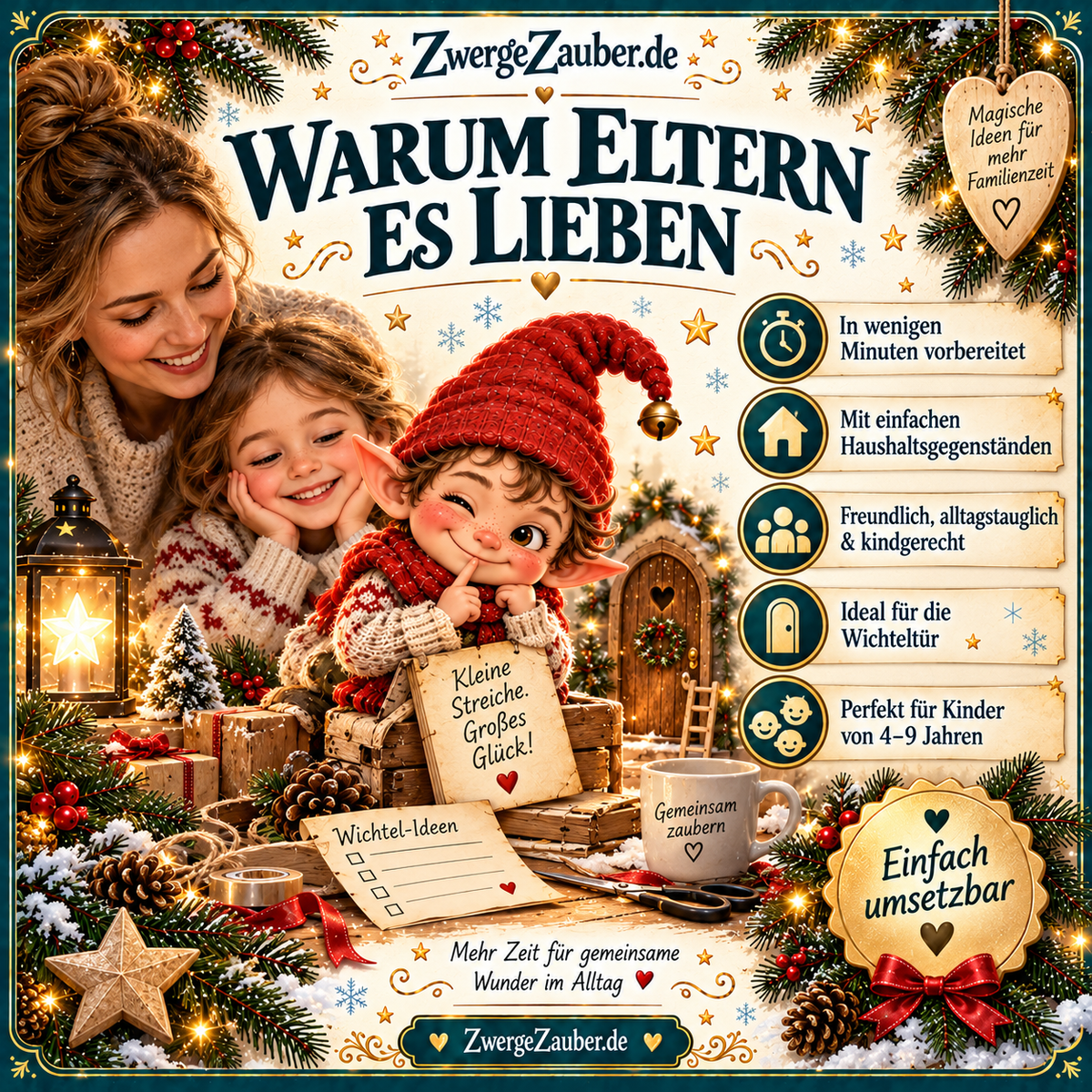 Mutter und Kind mit Wichtel Zwicki – einfache Wichtelstreiche mit Haushaltsgegenständen für kreative Familienzeit und Kinder von 4 bis 9 Jahren.