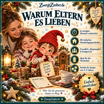 Mutter und Kind mit Wichtel Zwicki – einfache Wichtelstreiche mit Haushaltsgegenständen für kreative Familienzeit und Kinder von 4 bis 9 Jahren.