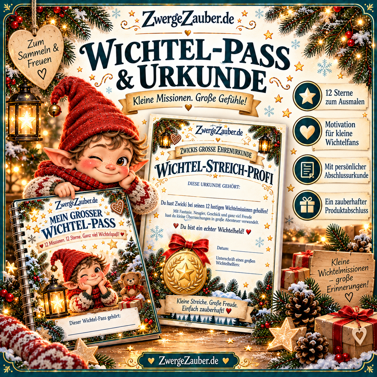 Wichtel-Pass mit 12 ausmalbaren Sternen und personalisierbare Wichtel-Streich-Profi-Urkunde aus dem ZwergeZauber Mitmachset.