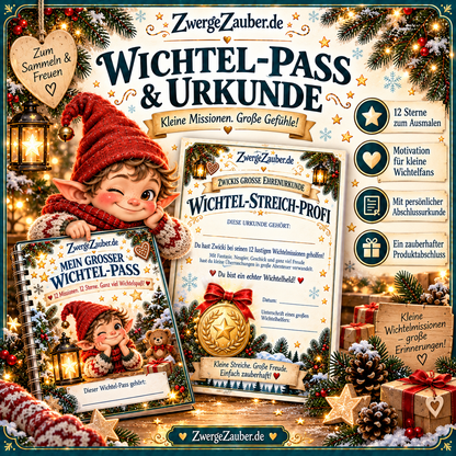 Wichtel-Pass mit 12 ausmalbaren Sternen und personalisierbare Wichtel-Streich-Profi-Urkunde aus dem ZwergeZauber Mitmachset.