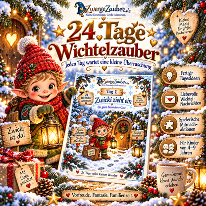 24 Tage Wichtelzauber mit Zwicki – fertige Wichtelaktionen, liebevolle Nachrichten, kleine Überraschungen und Mitmachideen für Kinder von 4–9 Jahren.