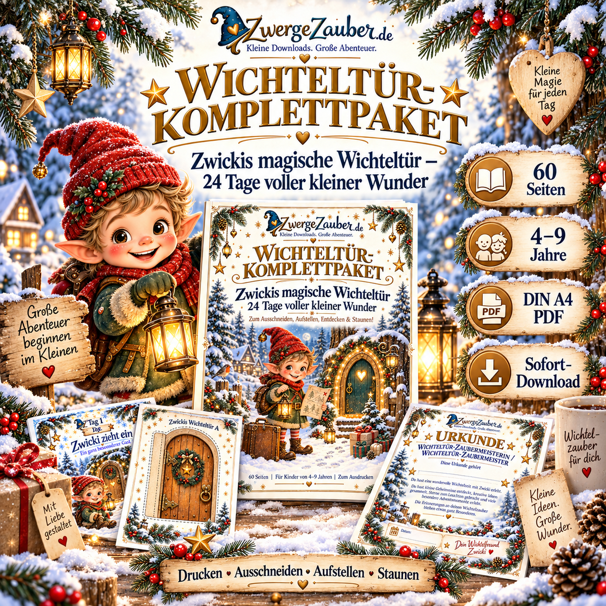 Wichteltür-Komplettpaket von ZwergeZauber mit Zwicki – 60 Seiten PDF mit Wichteltür, 24 Adventsabenteuern und Bastelideen für Kinder von 4–9 Jahren.