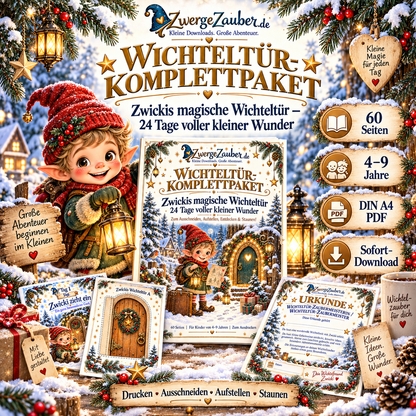 Wichteltür-Komplettpaket von ZwergeZauber mit Zwicki – 60 Seiten PDF mit Wichteltür, 24 Adventsabenteuern und Bastelideen für Kinder von 4–9 Jahren.