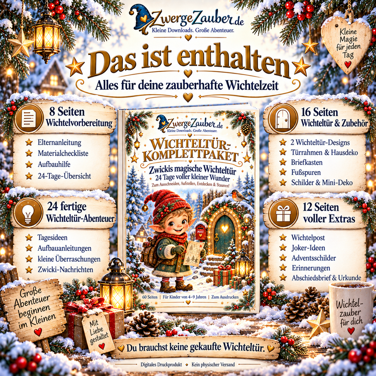 Inhalt des 60-seitigen Wichteltür-Komplettpakets mit zwei Wichteltür-Designs, 24 Wichtelabenteuern, Bastelvorlagen, Wichtelpost und Urkunde.