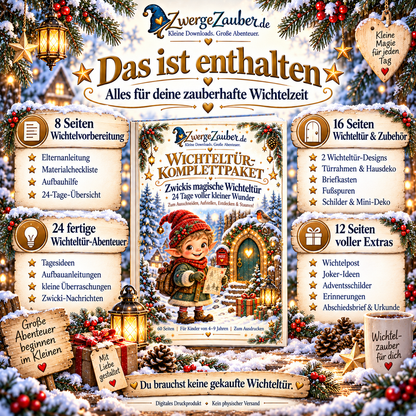 Inhalt des 60-seitigen Wichteltür-Komplettpakets mit zwei Wichteltür-Designs, 24 Wichtelabenteuern, Bastelvorlagen, Wichtelpost und Urkunde.