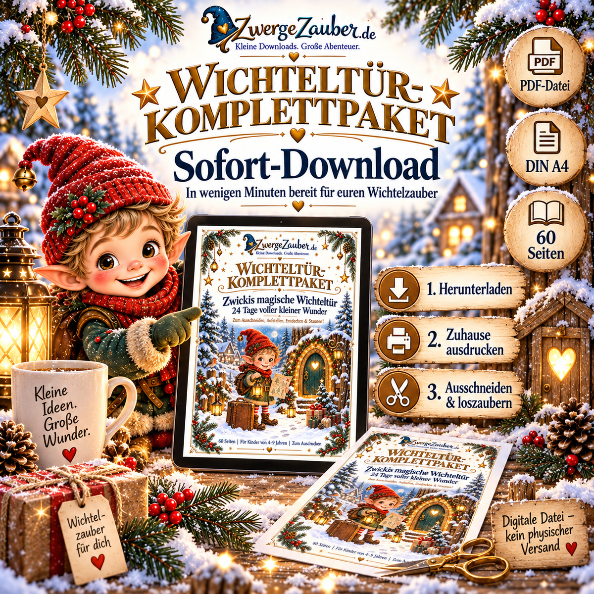 Wichteltür-Komplettpaket als PDF-Sofort-Download – 60 DIN-A4-Seiten mit Wichteltür und Adventsideen zum Herunterladen und Ausdrucken.