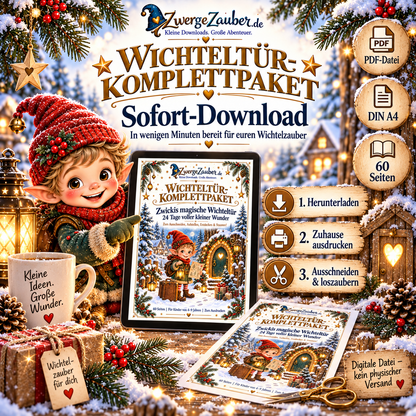 Wichteltür-Komplettpaket als PDF-Sofort-Download – 60 DIN-A4-Seiten mit Wichteltür und Adventsideen zum Herunterladen und Ausdrucken.