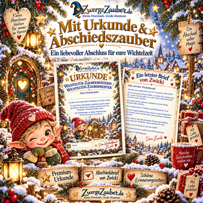Wichteltür-Komplettpaket mit personalisierbarer Wichtelzauber-Urkunde, liebevollem Abschiedsbrief von Zwicki und Erinnerungsseiten.