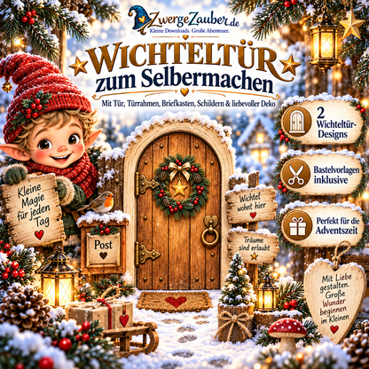 Wichteltür zum Selbermachen mit zwei druckbaren Tür-Designs, Türrahmen, Mini-Briefkasten, Schildern und weihnachtlichen Bastelvorlagen.