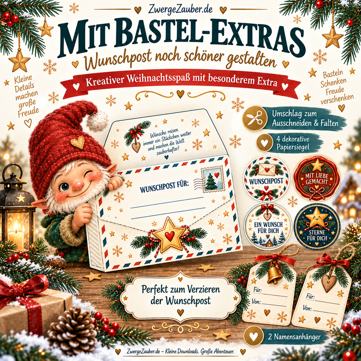 Bastel-Extras des ZwergeZauber Wunschzettel-Sets mit Briefumschlag zum Falten, vier weihnachtlichen Papiersiegeln und zwei Namensanhängern.