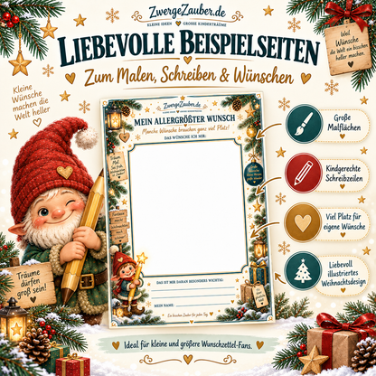 Beispielseite aus dem ZwergeZauber Wunschzettel-Set mit großer Malfläche, kindgerechten Schreibzeilen und weihnachtlicher Illustration.