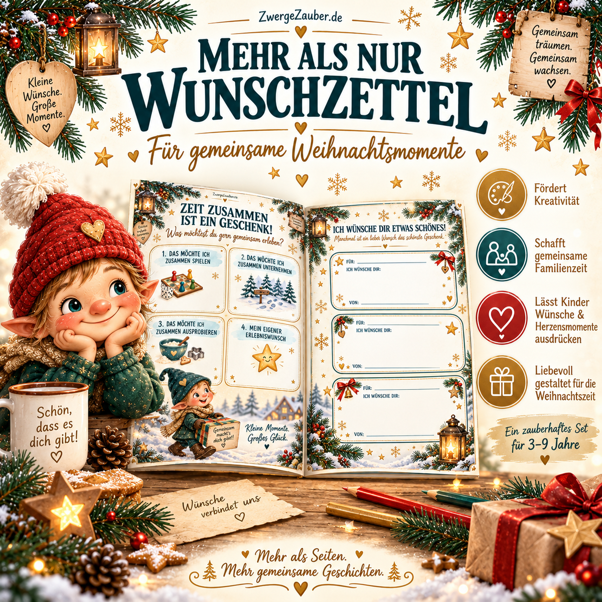 ZwergeZauber Wunschzettel-Set mit kreativen Vorlagen für gemeinsame Weihnachtsmomente, Familienzeit und persönliche Herzenswünsche von Kindern.