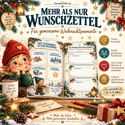 ZwergeZauber Wunschzettel-Set mit kreativen Vorlagen für gemeinsame Weihnachtsmomente, Familienzeit und persönliche Herzenswünsche von Kindern.