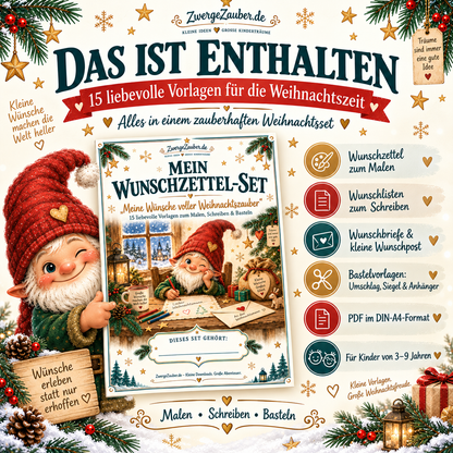 Übersicht des ZwergeZauber Wunschzettel-Sets mit 15 Vorlagen: Mal-Wunschzettel, Wunschlisten, Weihnachtsbriefe und Bastel-Extras.