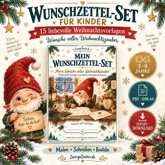 ZwergeZauber Wunschzettel-Set für Kinder von 3 bis 9 Jahren mit 15 Weihnachtsvorlagen zum Malen, Schreiben und Basteln – mit Zwicki.