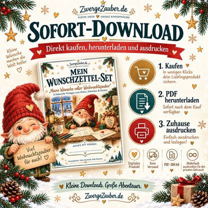 Digitales Wunschzettel-Set von ZwergeZauber als PDF zum sofortigen Herunterladen und Ausdrucken im DIN-A4-Format.