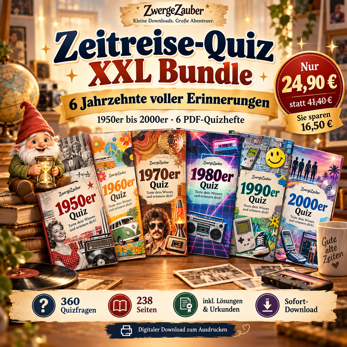 Hauptbild des ZwergeZauber Zeitreise-Quiz XXL Bundles mit sechs Jahrzehnte-Quizheften von den 1950ern bis zu den 2000ern und Bundle-Preis.