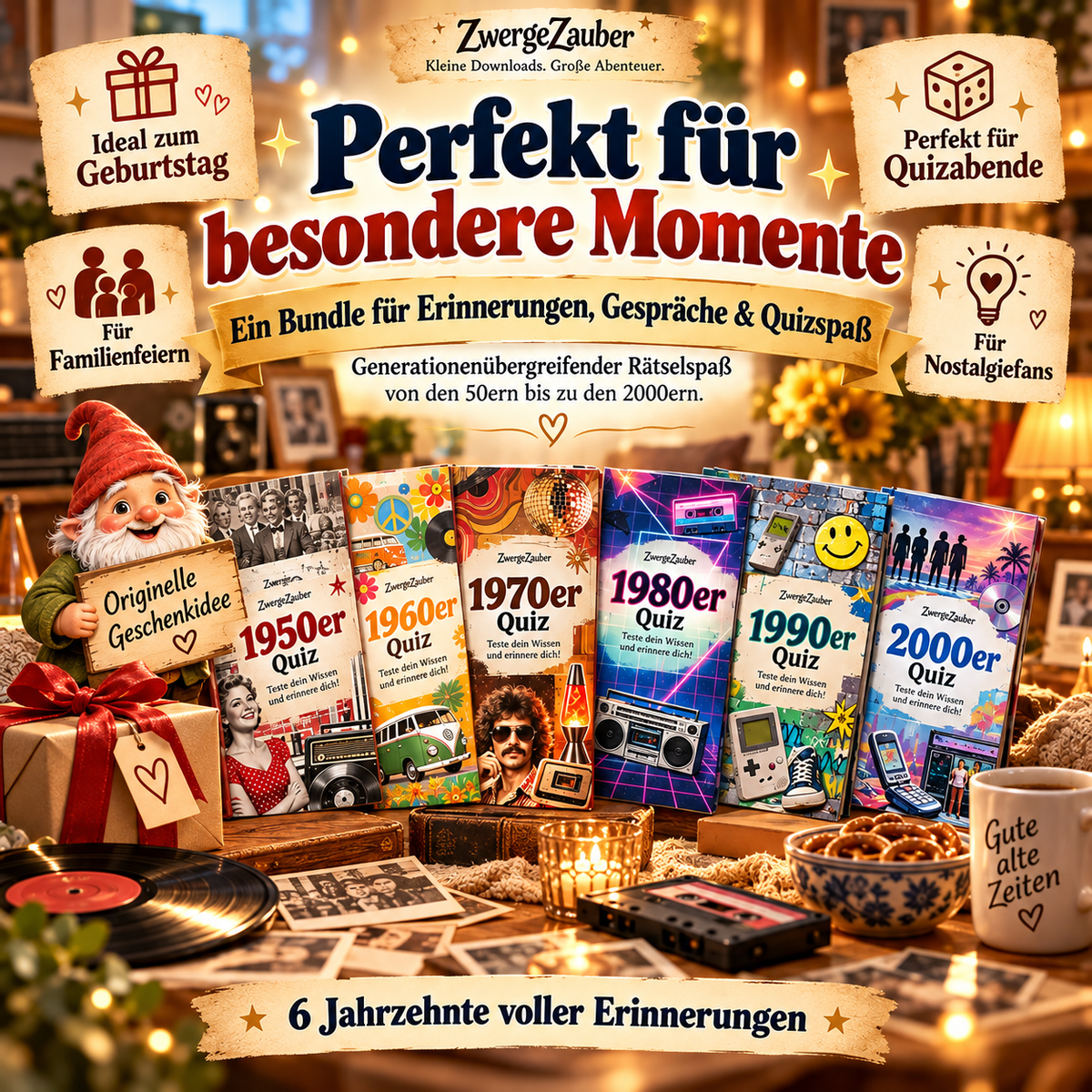 Zeitreise-Quiz XXL Bundle als Geschenkidee für Geburtstage, Familienfeiern und Quizabende mit sechs nostalgischen Jahrzehnte-Quizheften.