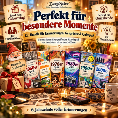 Zeitreise-Quiz XXL Bundle als Geschenkidee für Geburtstage, Familienfeiern und Quizabende mit sechs nostalgischen Jahrzehnte-Quizheften.