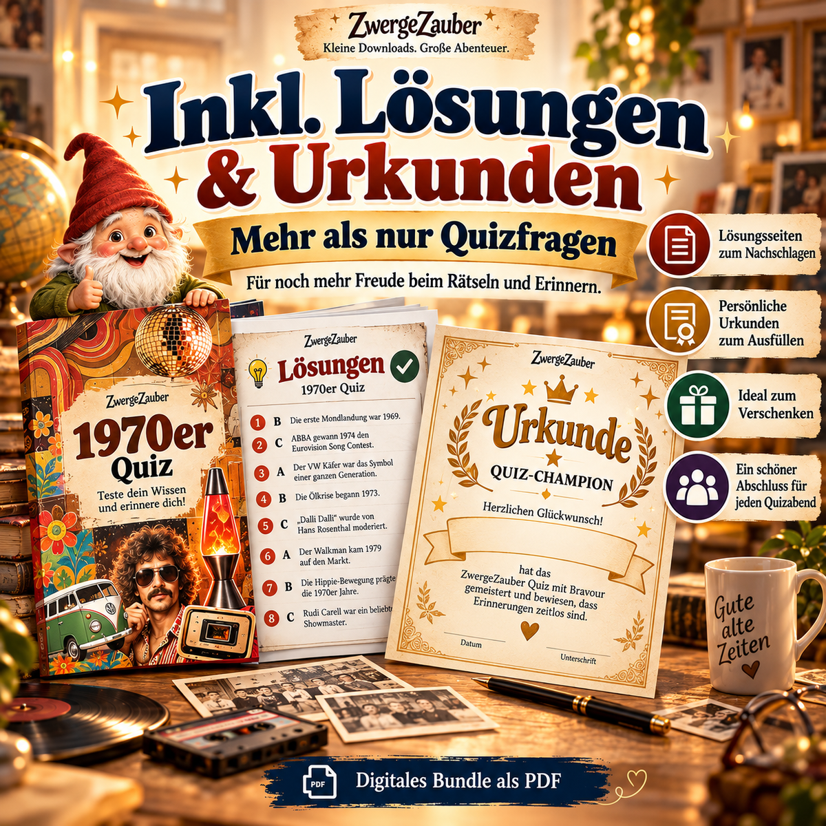 ZwergeZauber Zeitreise-Quiz XXL Bundle mit Lösungsseiten und ausfüllbaren Urkunden für gemeinsames Rätseln und Erinnern.