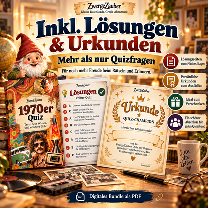 ZwergeZauber Zeitreise-Quiz XXL Bundle mit Lösungsseiten und ausfüllbaren Urkunden für gemeinsames Rätseln und Erinnern.