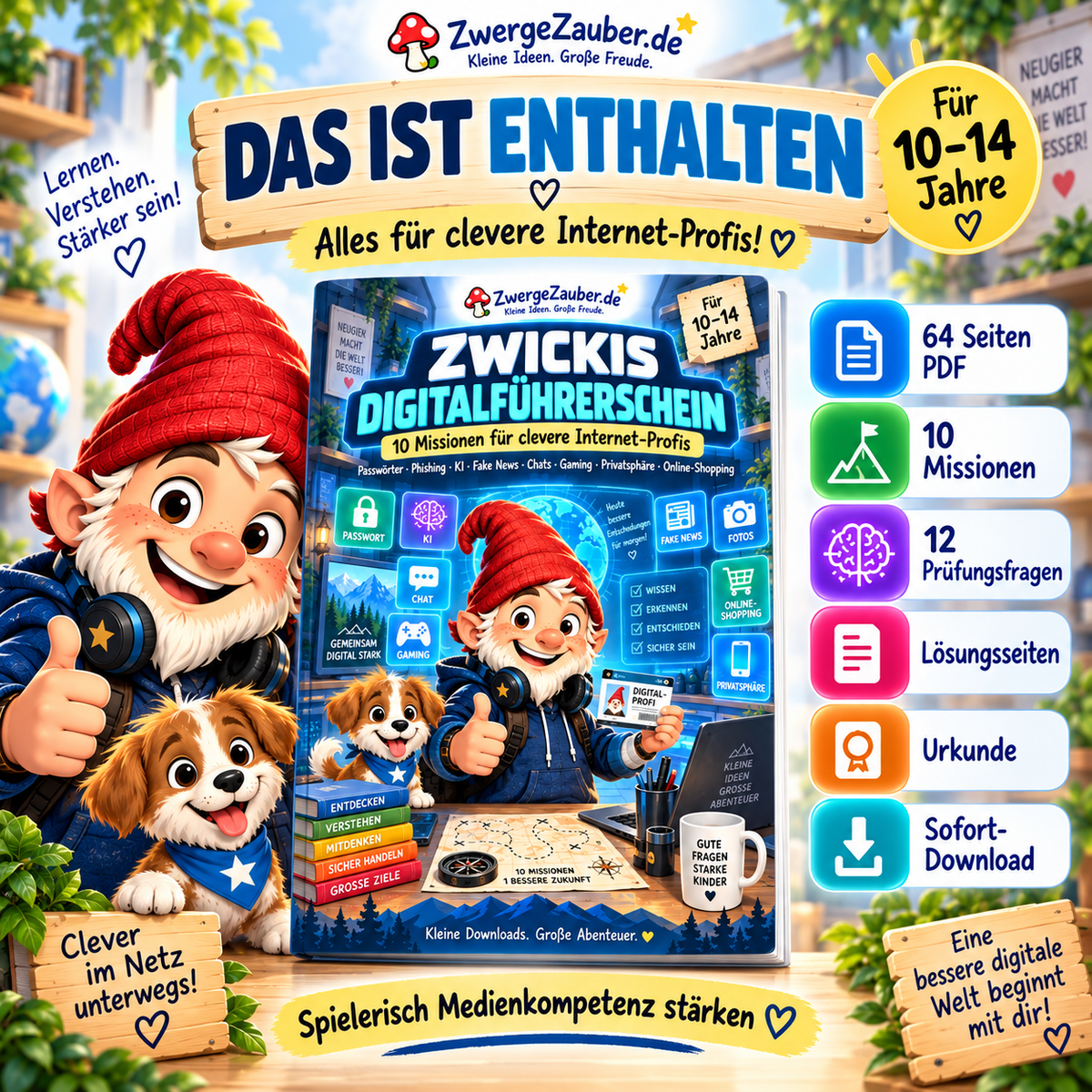 Zwickis Digitalführerschein mit 64 Seiten PDF, 10 Missionen, 12 Prüfungsfragen, Lösungsseiten, Urkunde und Sofort-Download