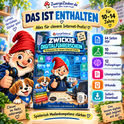Zwickis Digitalführerschein mit 64 Seiten PDF, 10 Missionen, 12 Prüfungsfragen, Lösungsseiten, Urkunde und Sofort-Download