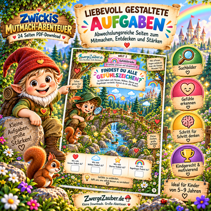 Beispiel aus Zwickis Mutmach-Abenteuer mit Suchbild, Gefühlen und kindgerechten Rätselaufgaben für Kinder von 5 bis 9 Jahren