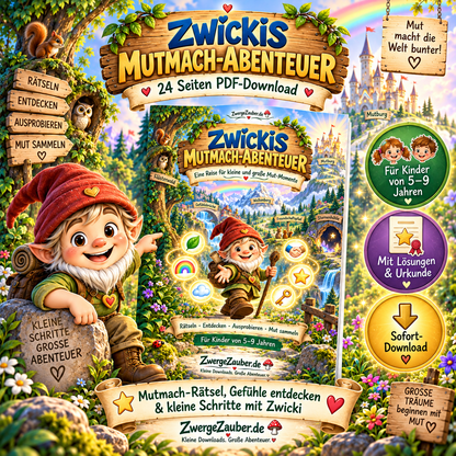 Zwickis Mutmach-Abenteuer als 24-seitiger PDF-Download für Kinder von 5 bis 9 Jahren mit Rätseln, Gefühlen, Mut und Selbstvertrauen