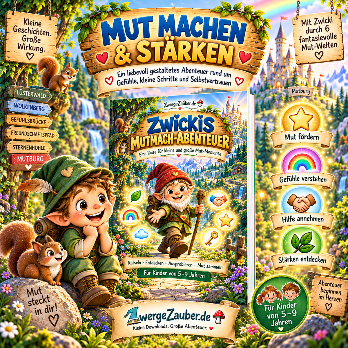 Mutmach-Abenteuer für Kinder mit Zwicki rund um Gefühle, Selbstvertrauen, Hilfe annehmen, eigene Stärken und kleine mutige Schritte