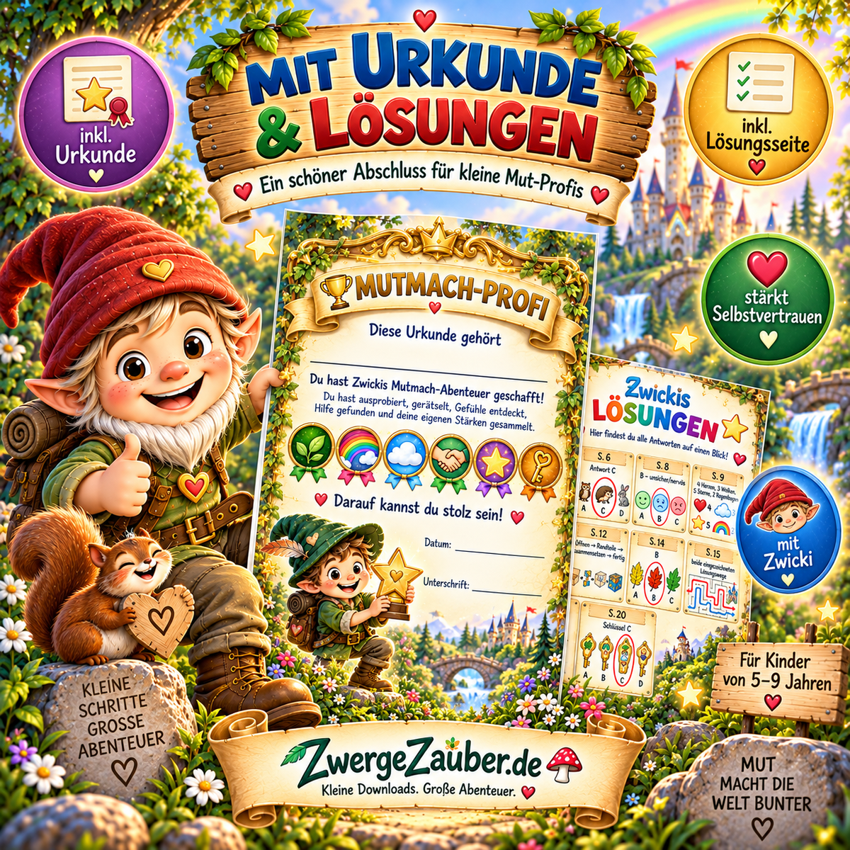 Zwickis Mutmach-Abenteuer mit Mutmach-Profi-Urkunde und Lösungsseite als PDF-Beschäftigung für Kinder von 5 bis 9 Jahren